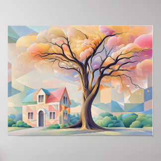Poster Casa e Árvore em Pastéis Art Déco