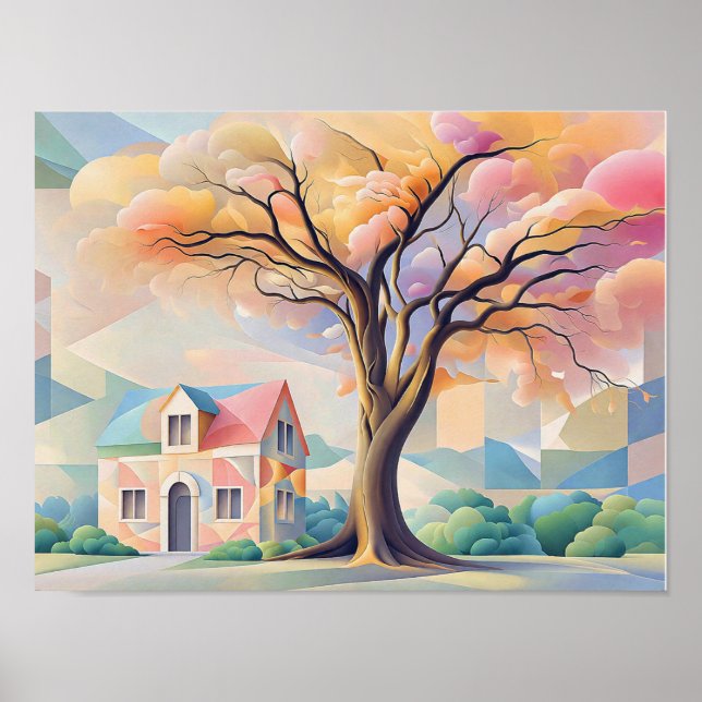 Poster Casa e Árvore em Pastéis Art Déco (Frente)
