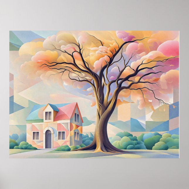 Poster Casa e Árvore em Pastéis Art Déco (Frente)