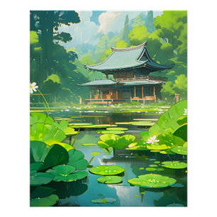 Póster Casa e lago japoneses com as calças verdes