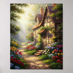 Poster Casa Ensolarada & Flores   Obra-Prima a Óleo