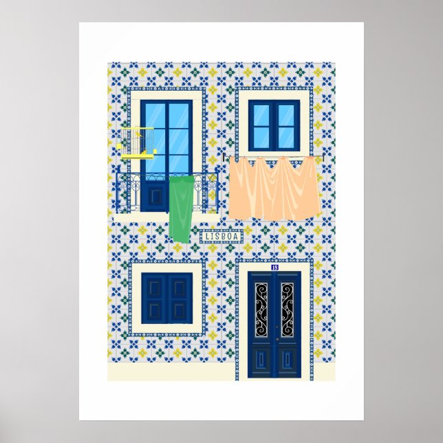 Poster Casa portuguesa Lisboa com azulejos e aves (Frente)