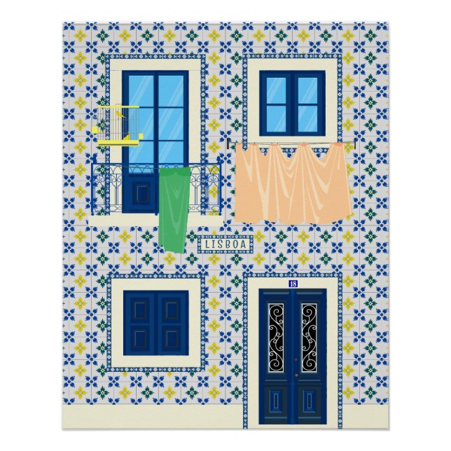 Póster Casa portuguesa Lisboa com azulejos e aves (Frente)