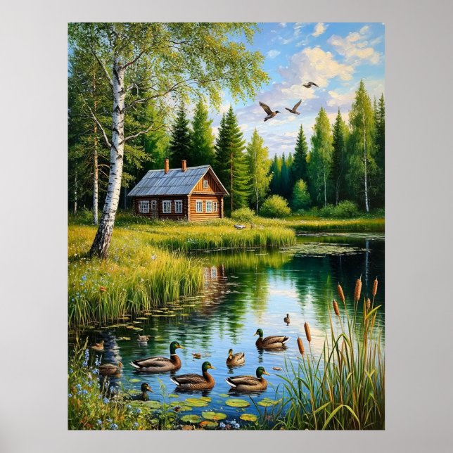 Poster Casa Serena junto a um Lago Florestal com Patos (Frente)