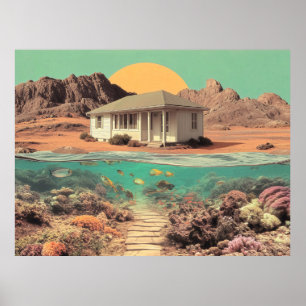 Poster Casa Surreal no Deserto com Recife Subaquático
