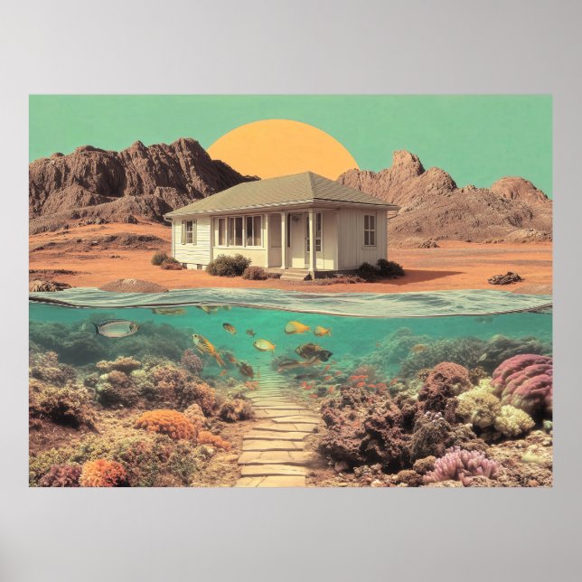 Poster Casa Surreal no Deserto com Recife Subaquático (Frente)