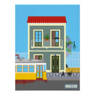 Póster Casa velha de Lisboa com gatos e elétrico amarelo