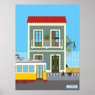 Poster Casa velha de Lisboa com gatos e elétrico amarelo