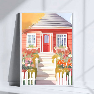 Poster Casa Vermelha   Lindo Quadro em Aquarela