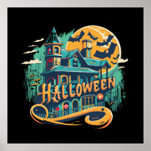 Poster casa vintage halloween com fantasma