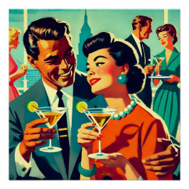 Póster Casais de Festa de Cocktail de Meados do Século - 