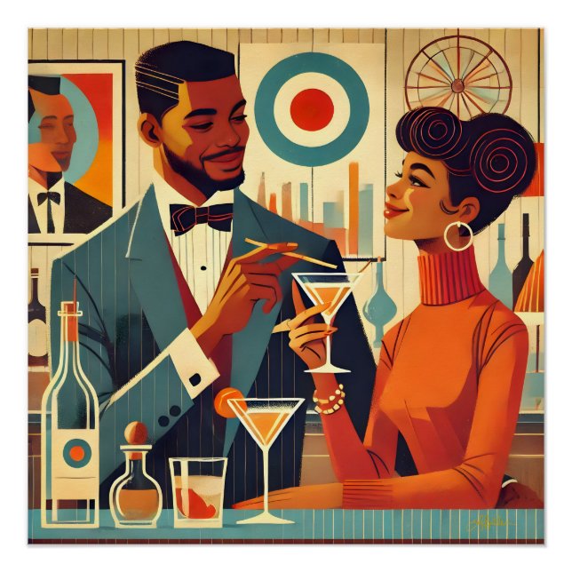 Póster Casais de Festa de Cocktail dos Meados do Século - (Frente)