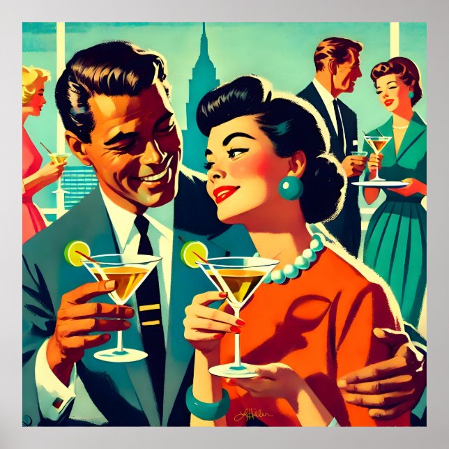 Poster Casais de Festa de Cocktail dos Meados do Século - (Frente)