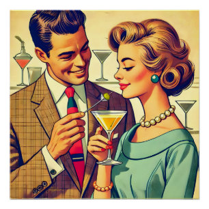 Póster Casais de Festa de Cocktail dos Meados do Século -