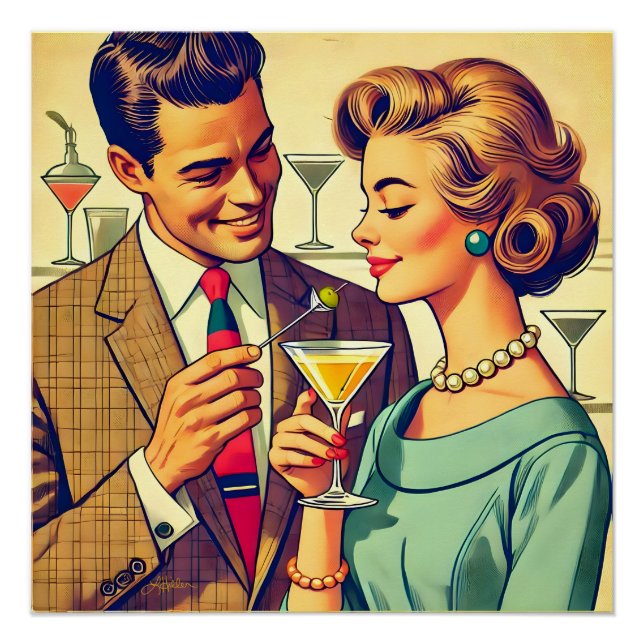 Póster Casais de Festa de Cocktail dos Meados do Século - (Frente)