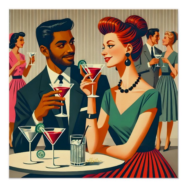 Póster Casais de Festa de Cocktail dos Meados do Século - (Frente)