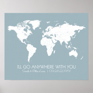 Poster Casais Mapa do Mundo Azul - Irei a Qualquer Lugar