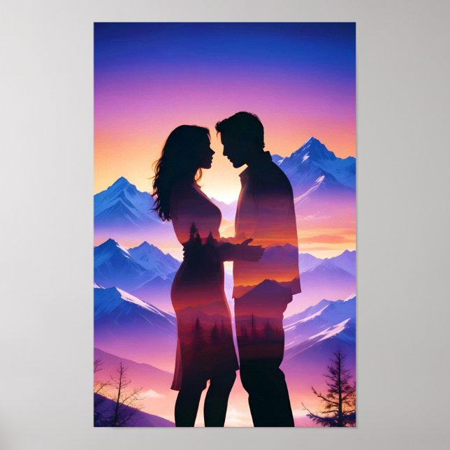 Poster Casal Ama Romântico Silhueta Sunset Lindo (Frente)