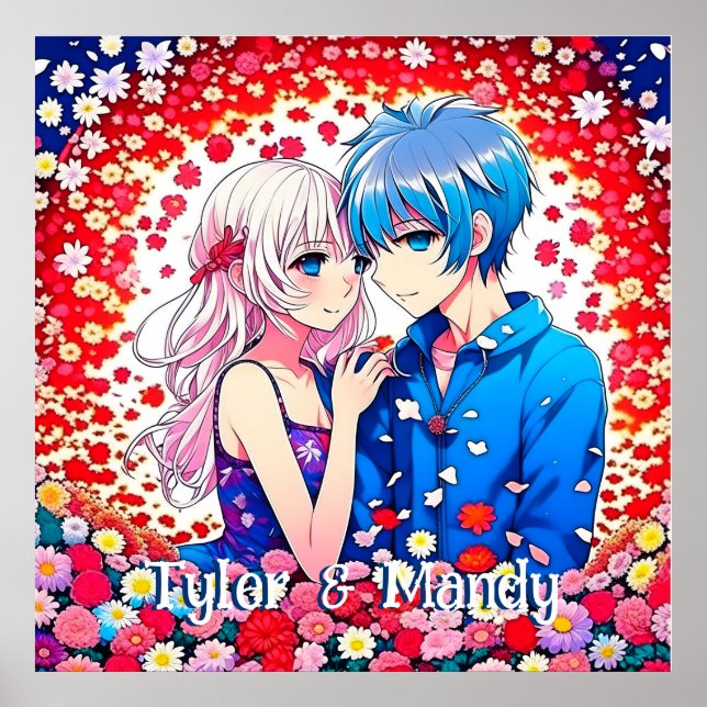 Poster Casal Anime, Flores Personalizadas (Frente)