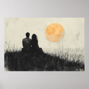Poster Casal Assistindo ao Pôr do Sol em Arte Preto e Bra
