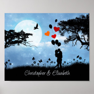 Poster Casal Beijando Lua Romântica Personalizado