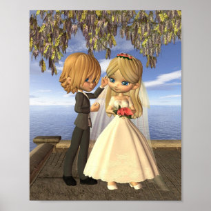 Poster Casal bonito do casamento de Toon em um balcão do