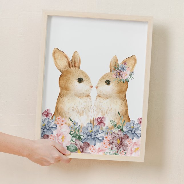 Poster Casal "Borninho" (Couple Bunny Flower Woodland Nursery Decor)