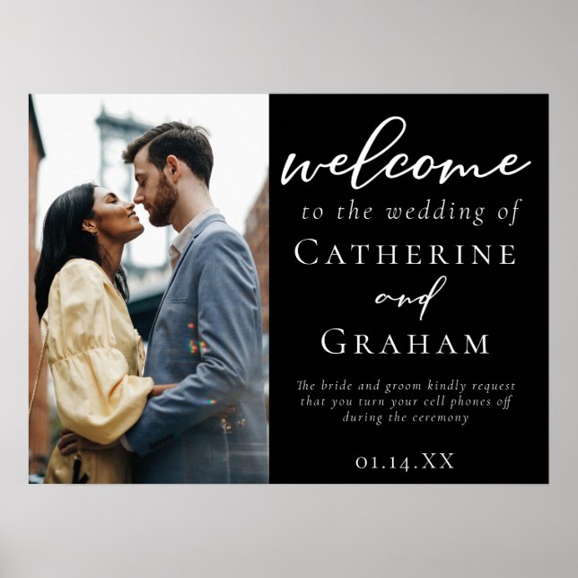 Poster Casal de Casamento Branco Chic Black Photo Welcome (Frente)