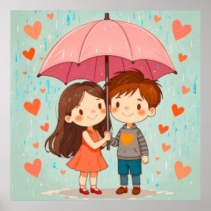 Poster Casal de Desenho Animado Fofo Sorri Sob Guarda-Chu