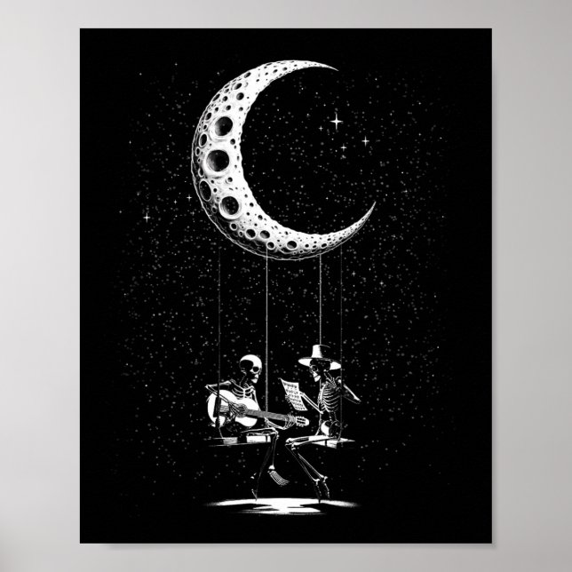 Poster Casal de Esqueleto Engraçado Tocando Violão na Lua (Frente)