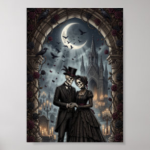 Poster Casal de Esqueleto Gótico Romance Sombrio Rosas