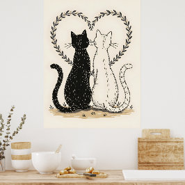 Poster Casal de Gatos Apaixonados por Coração Floral