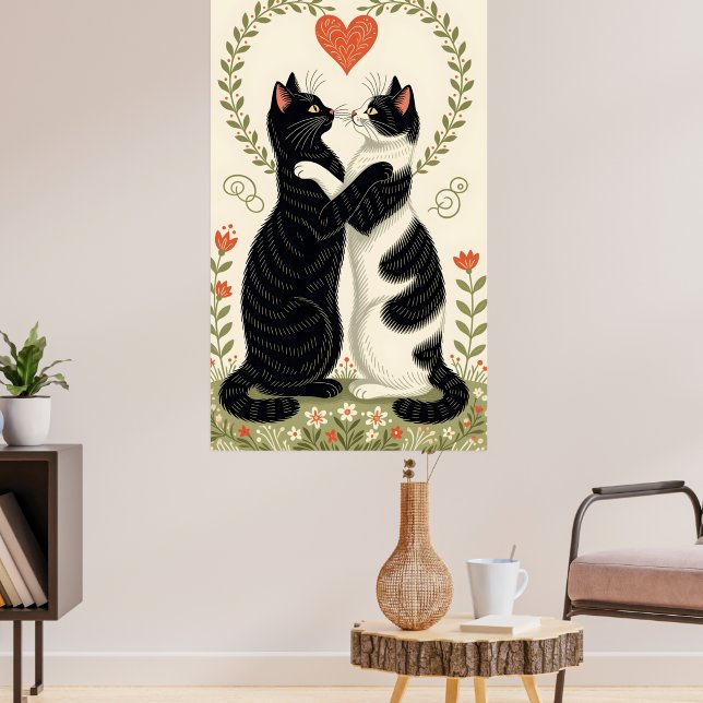 Poster Casal de Gatos Apaixonados por Coração Floral (Sala de Estar 3)