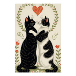 Póster Casal de Gatos Apaixonados por Coração Floral