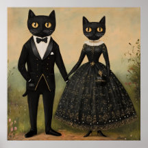 Casal de gatos pretos arte popular vintage gótico