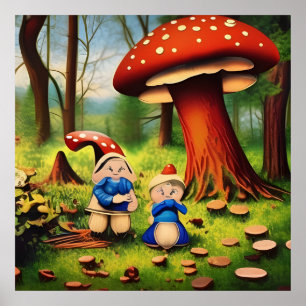 Poster Casal de Gnomo da Floresta Caprichosa com Cogumelo