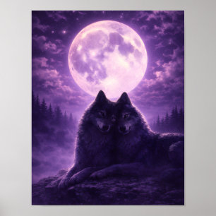 Poster Casal de Lobos Românticos sob a Lua Cheia Roxa