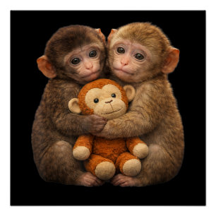 Póster Casal de Macacos Fofos Abraçando Arte de Pelúcia M