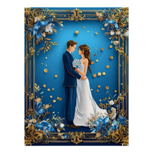 Póster Casal de Noivos Elegantes Abraçando com Moldura Fl