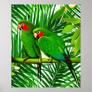 Poster Casal de Papagaios Verdes em um Cenário de Selva