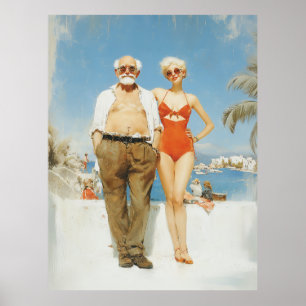 Poster Casal de Praia Vintage Contraste de Verão