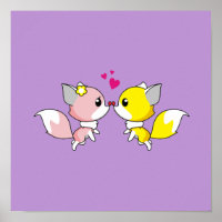 Casal de Raposa Beijando com Pequenos Corações Inc