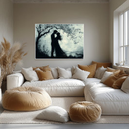 Poster Casal De Silhueta Romântica Sob Árvore Monocromáti