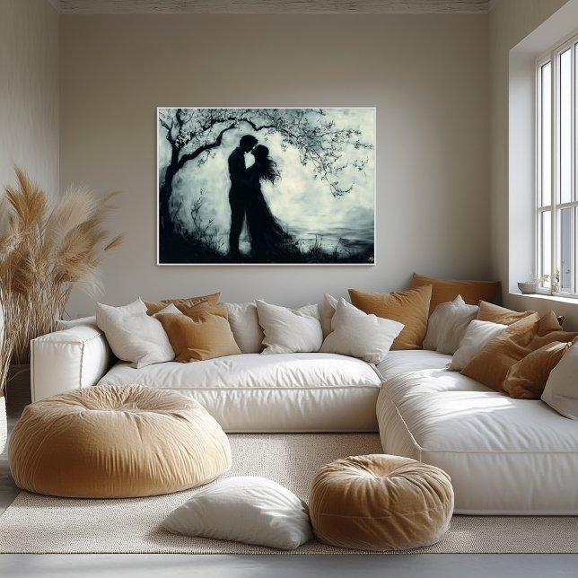 Poster Casal De Silhueta Romântica Sob Árvore Monocromáti (Criador carregado)