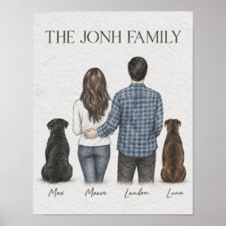 Poster Casal e Dois Cães Família Retrato Grafite Poste
