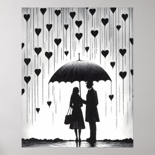 Poster Casal em pé sob guarda-chuva, chuva em forma de co