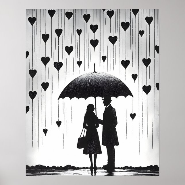 Poster Casal em pé sob guarda-chuva, chuva em forma de co (Frente)