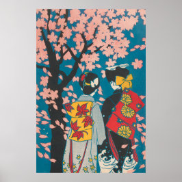 Poster Casal Lésbica Japonês Aproveitando Sakura