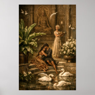 Poster Casal no Jardim do Cisne Retro Orientalismo