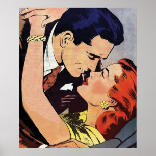 Poster Casal num abraço amoroso ela tem cabelo vermelho e